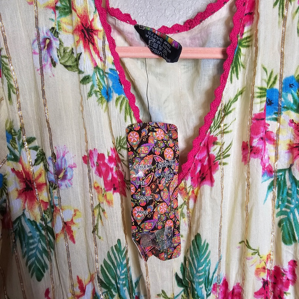 Boho Floral Cream Maxi Dress with Pink Trim - Picture 8 of 12